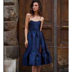 V. Chapman Virginia Navy Baroque Floral Tiered Strapless Corset Midi Dress